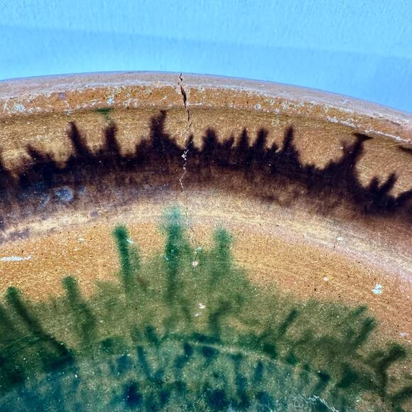 Vintage Handmade Drip Pottery Bowl With Handles Brown Green *Has Small Crack* - Picture 2 of 11